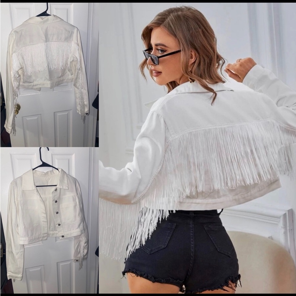 White Fringe Cropped Jean Jacket - Women
